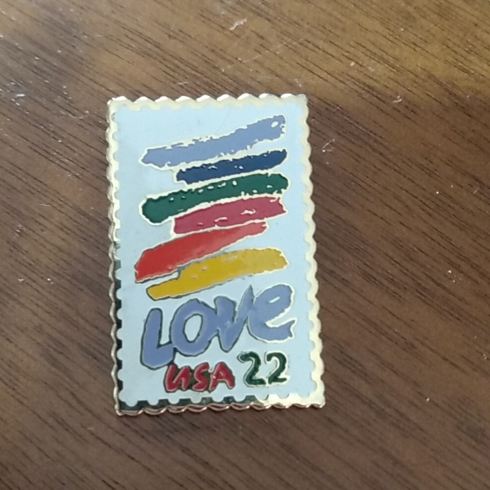 Vintage postage stamp jewelry Love pin